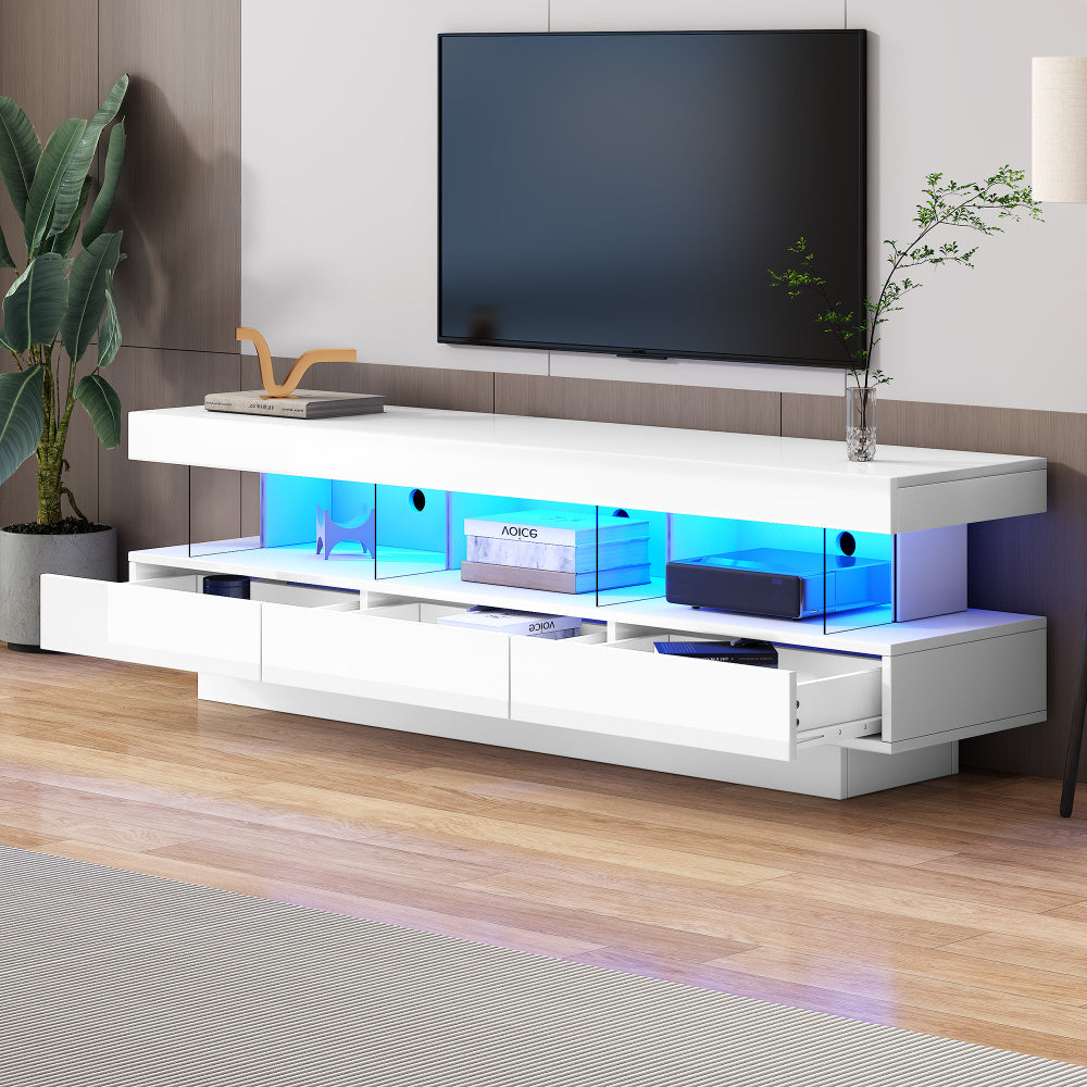 TV-Meubel – Tv Kast – Televisiemeubel – Entertainment Meubel – Wit Hoogglans – 3 Glazen Planken – Stevige Constructie – Eenvoudige Montage