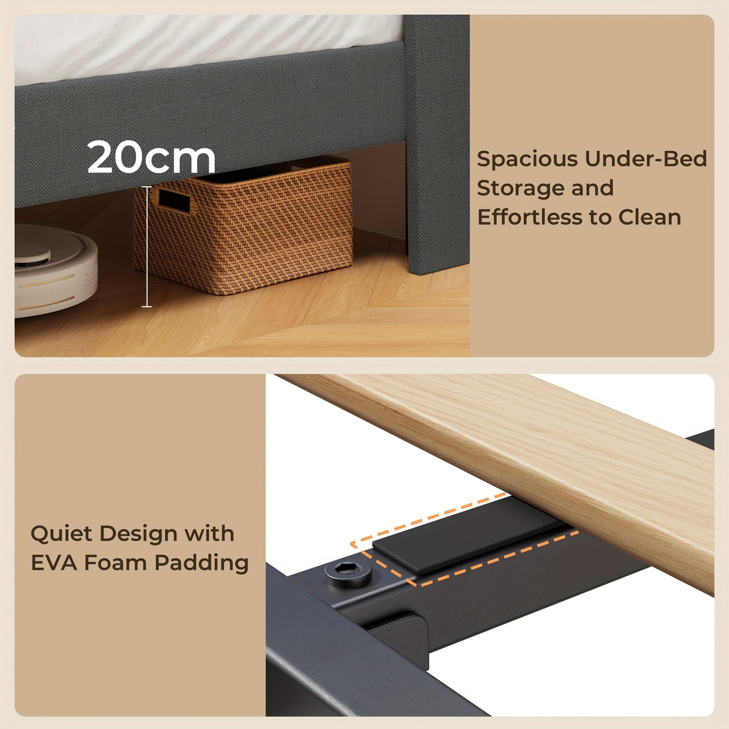 Bedframe – Ledikant – Slaapbank – Bedombouw – Slaapmeubel – Beige Soft-Pack Bekleding – 120x200 cm – Stille Strips – 20 cm Opbergruimte Onder Bed