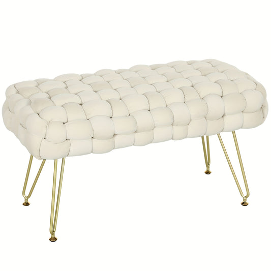 Schoenenbank – Schoenenrek – Halbank – Opbergbank – Zetbank – Velvet Bekleding – Metalen Poten – 76x38x41,5 cm – Crème Kleur