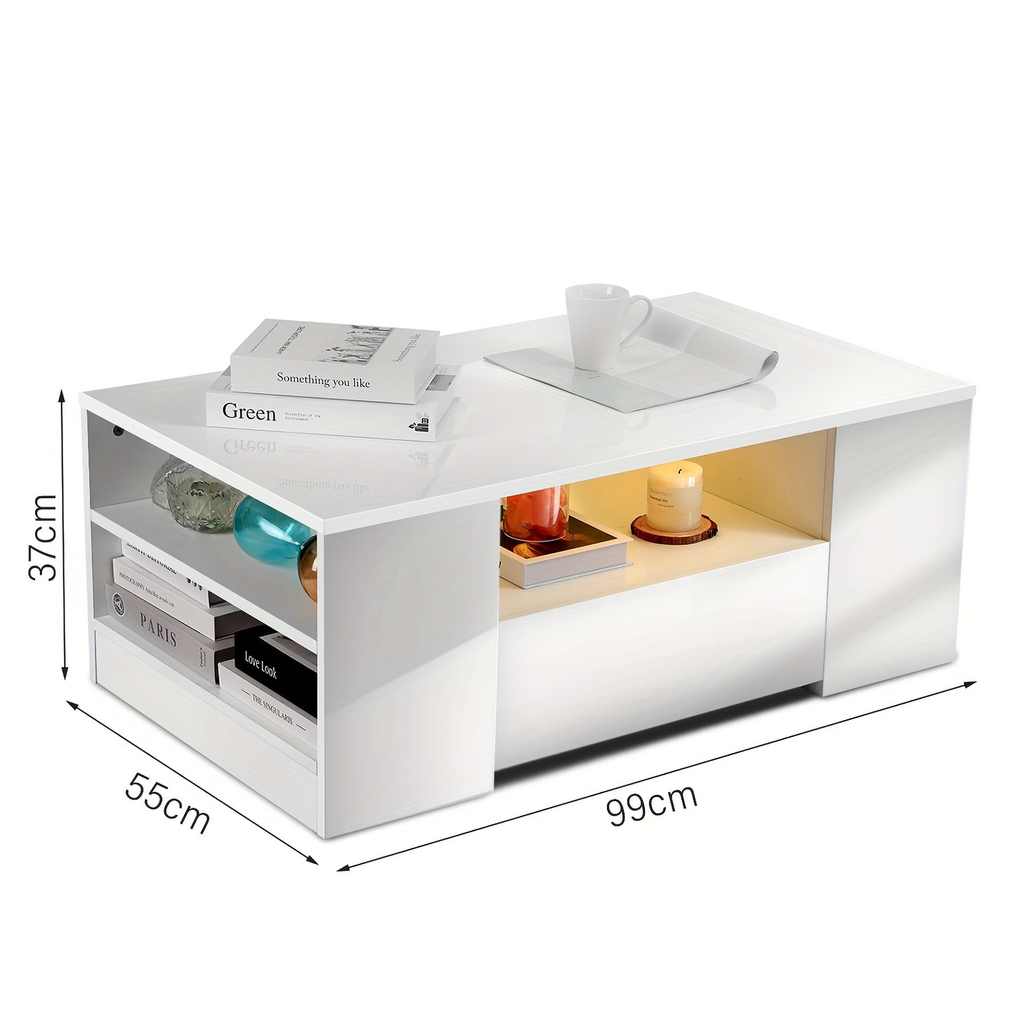 High Gloss Salontafel met Opbergruimte – Wit – RGB LED-verlichting, 2 Laden & Open Plank – Rechthoekige Tafel voor Woonkamer en Kantoor