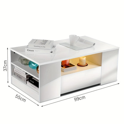 High Gloss Salontafel met Opbergruimte – Wit – RGB LED-verlichting, 2 Laden & Open Plank – Rechthoekige Tafel voor Woonkamer en Kantoor