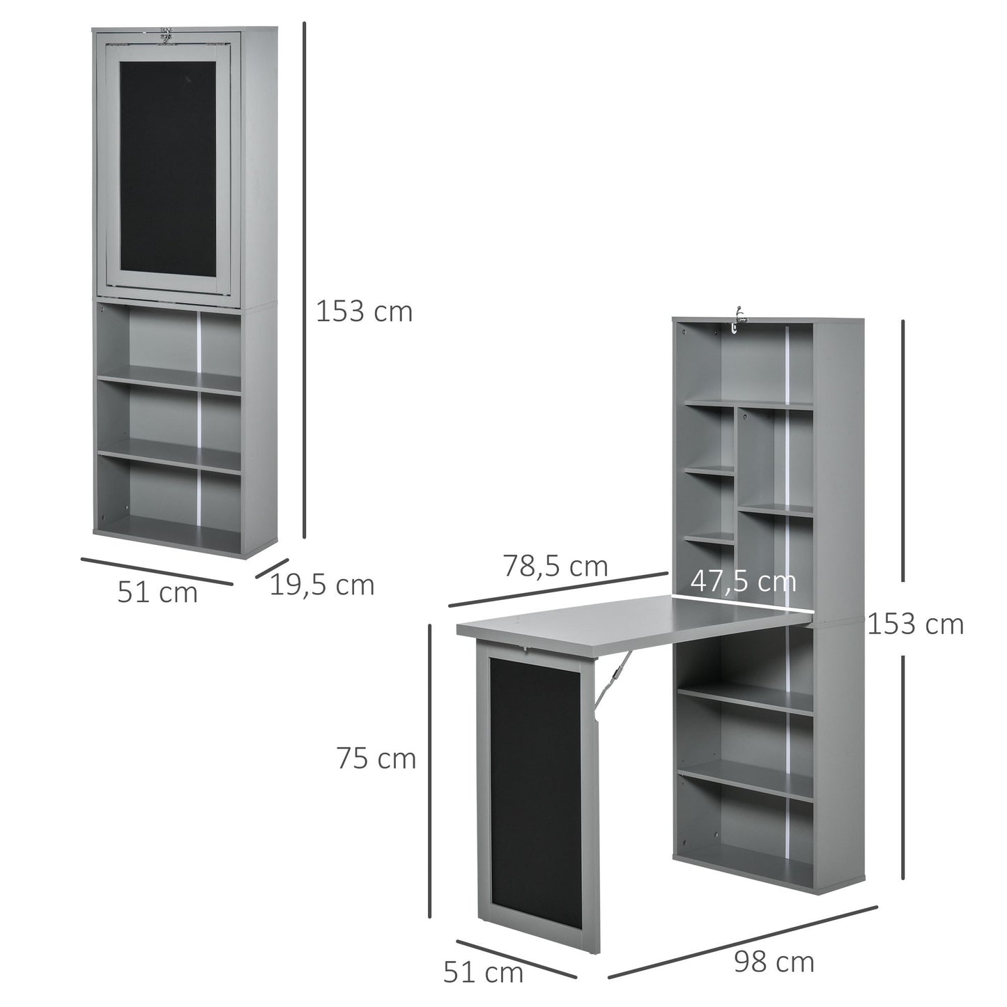 Opklapbureau – Klaptafel – Wandbureau – Computertafel – Werktafel – Met Opbergruimte – Verstelbaar Krijtbord – Ruimtebesparend Donkergrijs