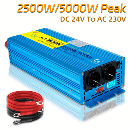 Spanningsomvormer – Omvormer – Inverter – Stroomomzetter – Converter – 24V Naar 220V – 2500W Continu – Pure Sinusgolf Met LCD Display