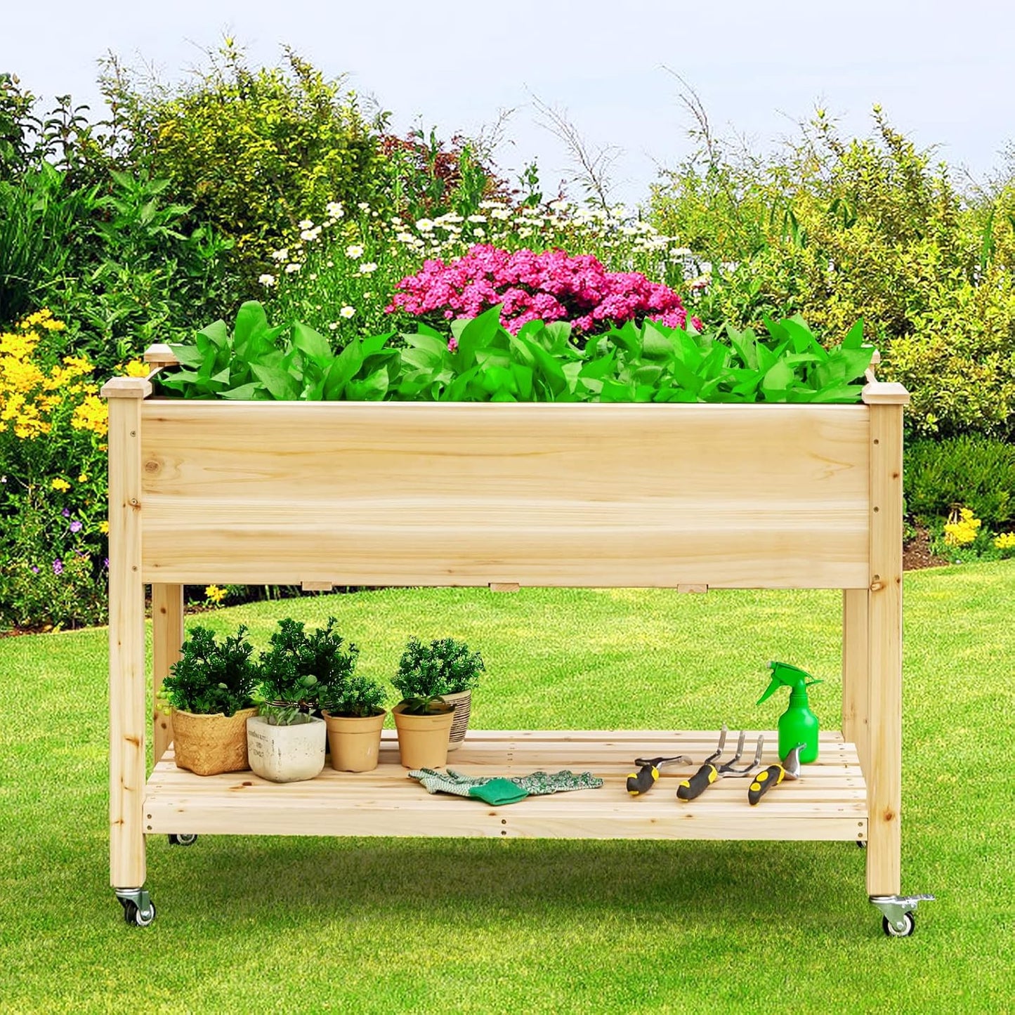 Verhoogd Plantenbed – Mobil Plantenvak – Houten Moestuinbak – Tuinbak Op Wieltjes – Balkonbak – Duurzaam Grenenhout – 120x59x84 cm – Verplaatsbaar Met Remmen