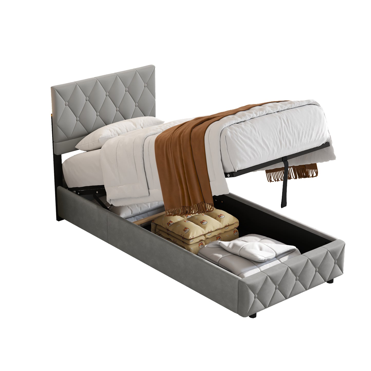 Bedombouw – Bedframe – Opbergbed – Stapelbed – Slaapkamerbed – Hydraulische Opbergruimte – Stoffering Met Knopen – 140x200 cm – Houten Latten Met Metalen Frame