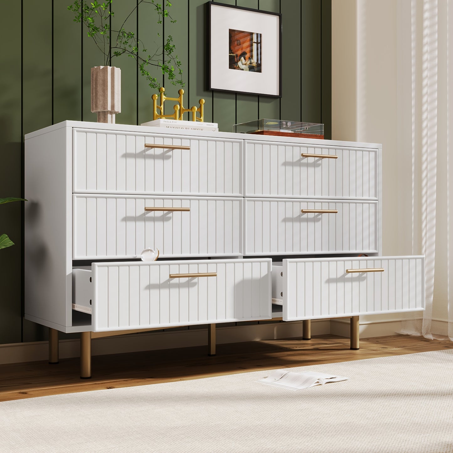 Ladekast – Ladenkast – Kommode – Dressoir – Opbergkast – Massief Houten Wit – 6 Lades Met Gouden Knoppen – Kant-en-Klaar Gemonteerd