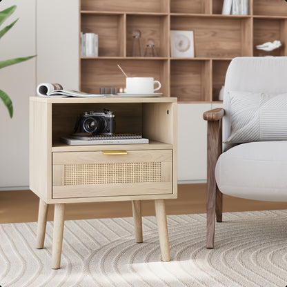 Nachtkastje – Bijzettafel – Kastje – Nachtmeubel – Slaapkamerkastje – Open Planken – Gouden Handgrepen – Natuurlijk Design – 45x40x55 cm – Stevig en Lichtgewicht