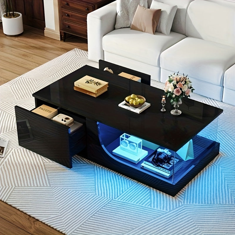Salontafel – Coffee Table – Sofa Table – Woonkamertafel – Bijzettafel – Modern Design – Glas Tafelblad & Zwart Metaal Frame – 2 Lades Met Kastdeurtje – Compact & Praktisch