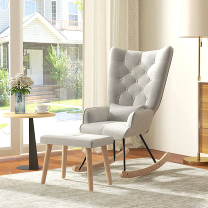 Schommelstoel – Relaxstoel – Fauteuil – Voedingsstoel – Loungestoel – Fluweel Bekleed – Hoge Rugleuning – Max. 150 kg – Inclusief Voetenbank – Crème Wit