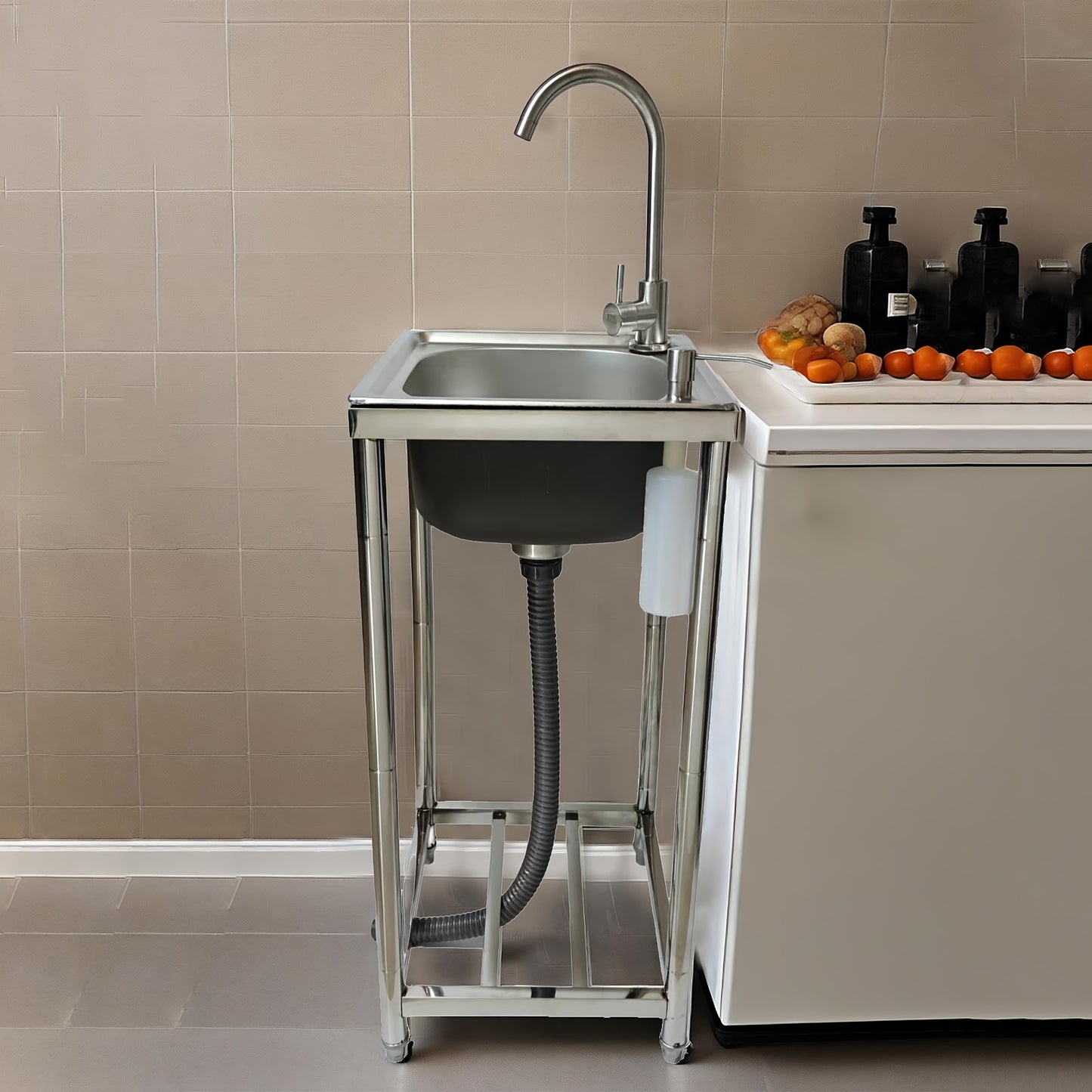 Single Bowl Kitchen Sink, Freestanding Garden Outdoor Sink, Movable Stainless Steel Sink, Essential Sink for Rentals, Sink with Hot And Cold Water Faucet, Suitable for Restaurants, Gardens, Garages, And Camping