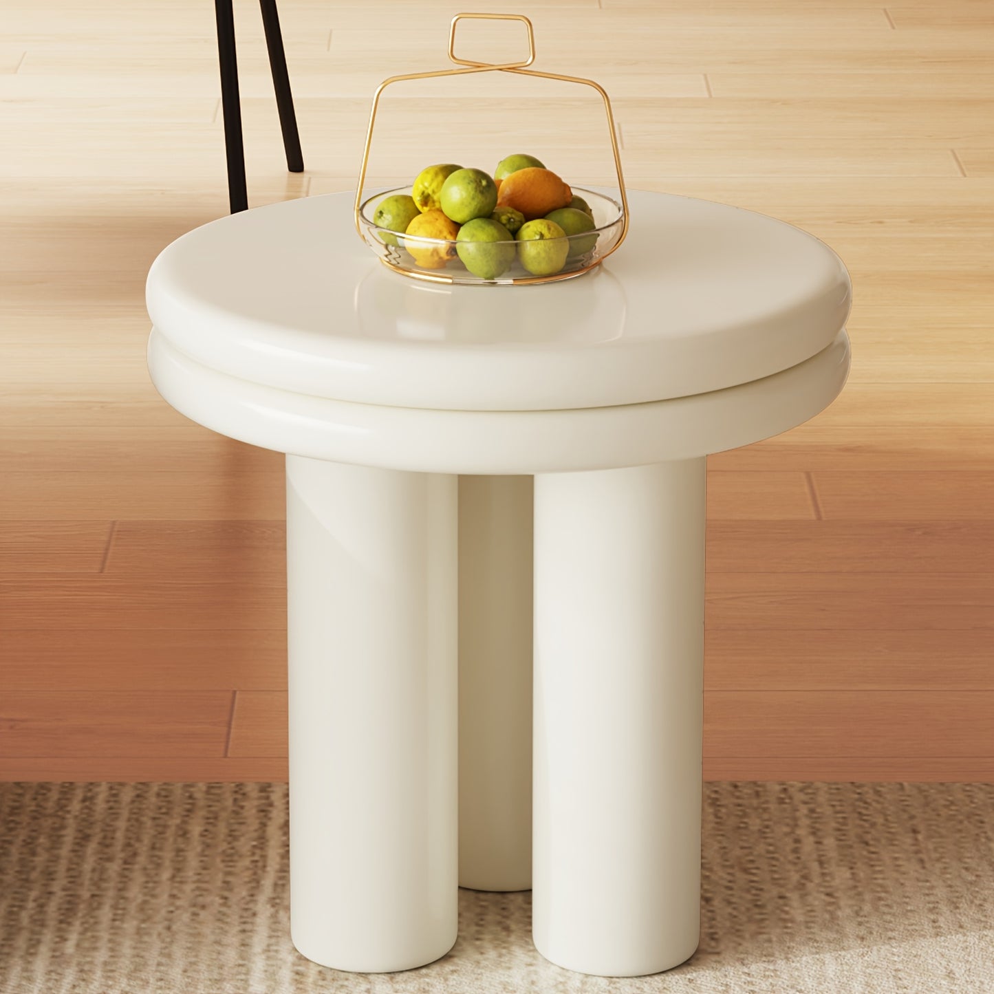 Bijzettafel – Sofa Tafel – Sidetable – Nachtkastje – Salontafel – Massief Hout – Compact Rond Design – Roomwit Afwerking – Minimalistisch – Stevig