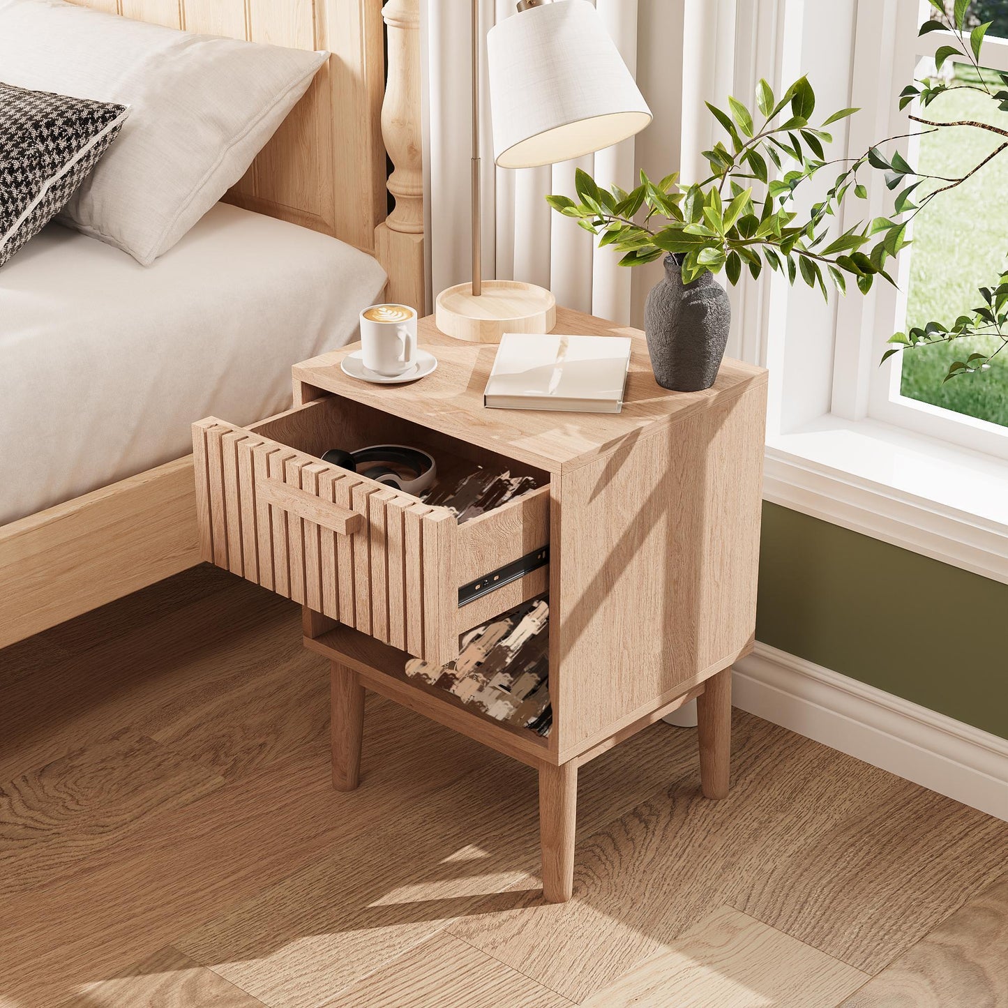 Nachtkastje – Nachtkastjes – Bijzettafel – Nachtkast – Bedside Table – Set Van 2 – Houtkleur – Met Lade En Open Plank – Compact 40x35x55 cm – Stevig Met Houten Poten