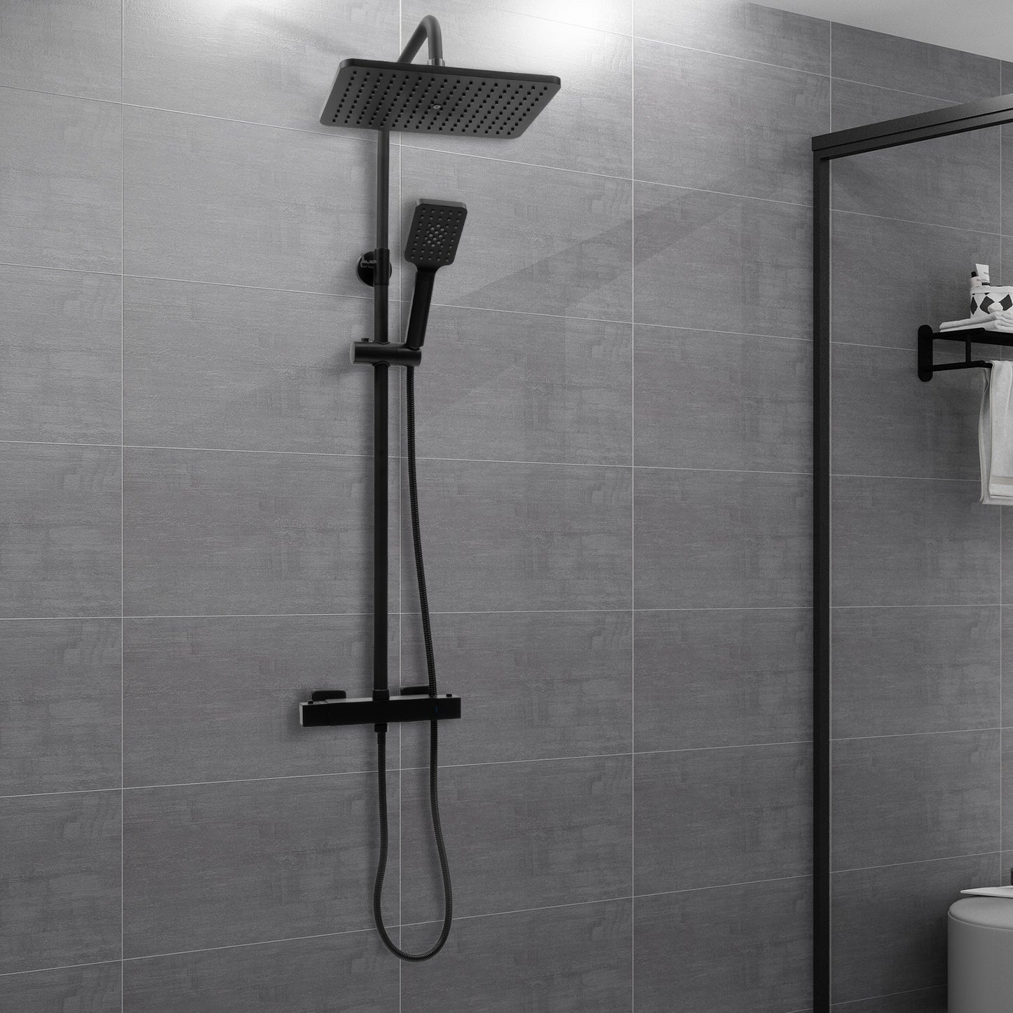 Douchekraan – Douchekop – Doucheset – Mengkraan – Douchekraan Thermostatisch – Mat Zwart – Thermostaatregeling – Verstelbare Hoogte
