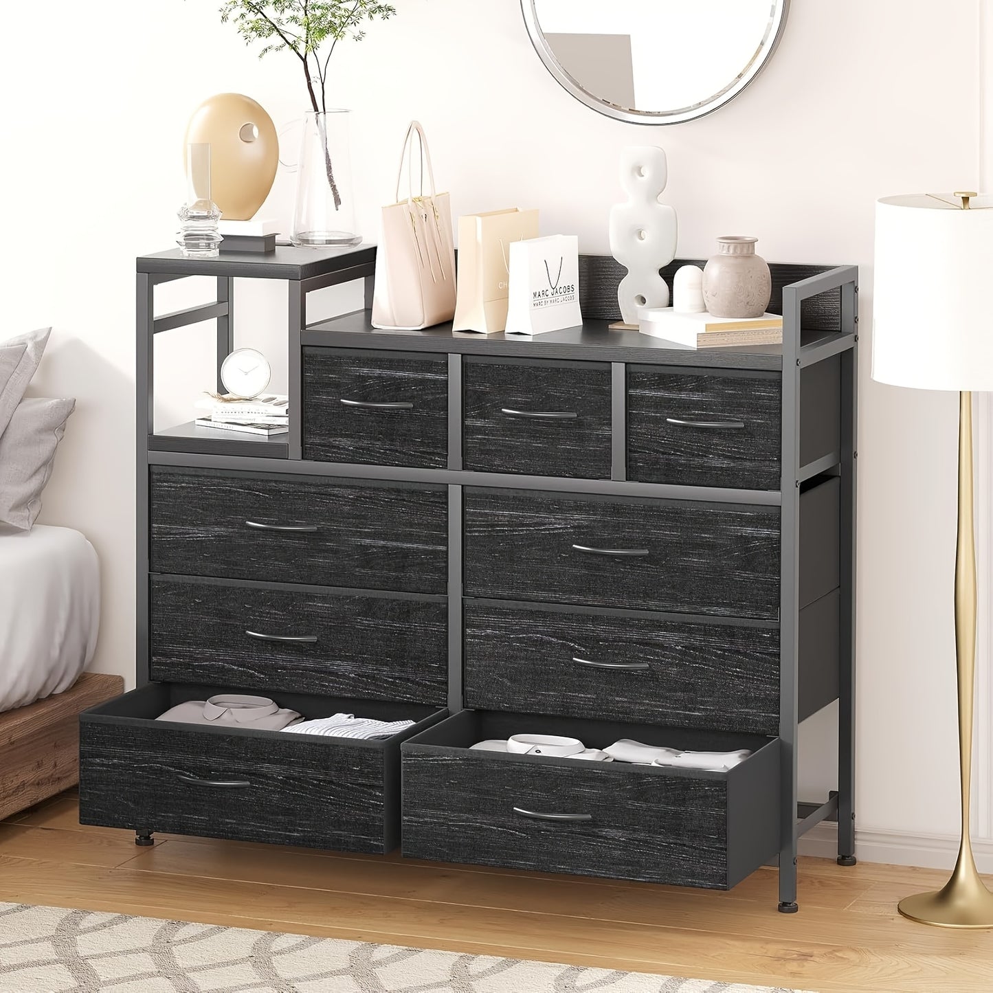 Drawer cabinet, dresser with 9 drawers, storage cabinet suitable for bedroom, wide dresser with shelves, for storage and organization, 100*30*86cm