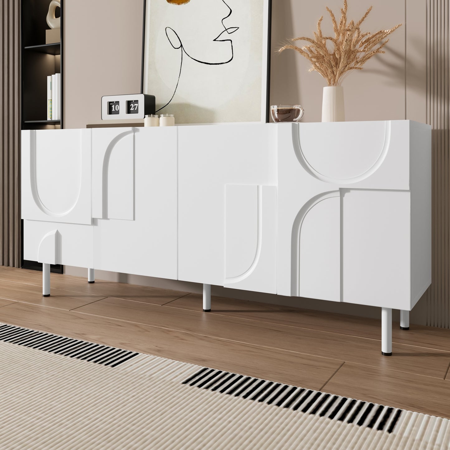 Dressoirkast – Sideboard – Opbergkast – Woonkamerkast – Dressoir Wit – Modern 3D Geometrisch Design – Ruime Afmetingen 160x38,5x70 cm