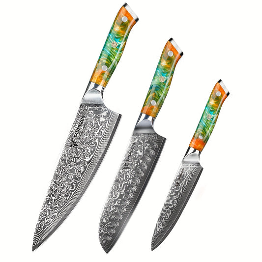 Keukenmessen – Messenset – Broodmes – Santokumes – Koksmes – VG10 Damascus Staal – Resin Handvat – 3-delig – Oranje