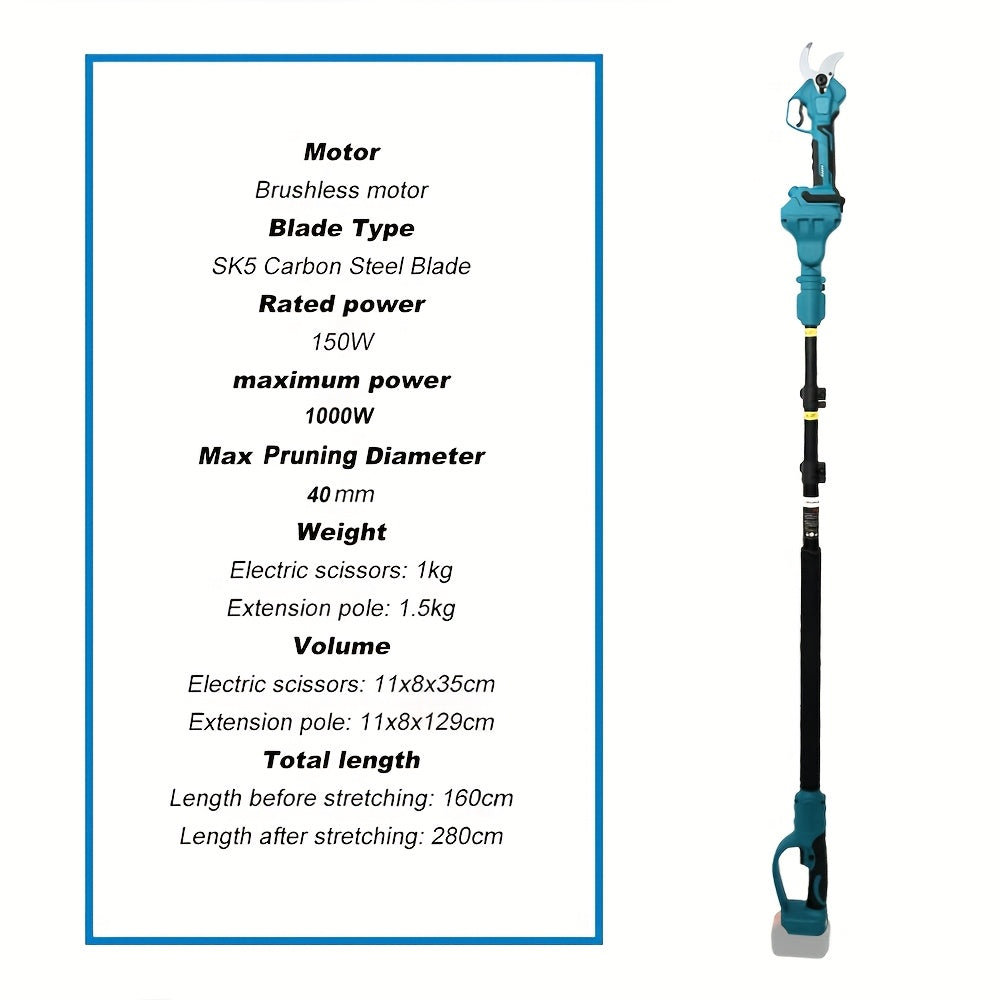Elektrische Snoeischaar – Draadloze Snoeischaar – Tuinschaar – Snoeigereedschap – 1300 mAh Accu – Roestvrijstalen Messen – Verlengstok 2,5 Meter - met 1 batterij
