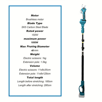 Elektrische Snoeischaar – Draadloze Snoeischaar – Tuinschaar – Snoeigereedschap – 1300 mAh Accu – Roestvrijstalen Messen – Verlengstok 2,5 Meter - met 1 batterij