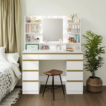 Kaptafel – Make-up Tafel – Cosmetica Tafel – Schoonheidstafel – Dressing Table – 10 LED Lampen Met 3 Lichtkleuren – 9 Laden Wit Goud