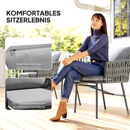 3-delig Tuinset – Balkonset – Bistroset – Terrasset – Loungeset – Kunstrotan – Stalen Frame – Metalen Tafelblad – Waterafstotende Kussens – Compact Design Grijs