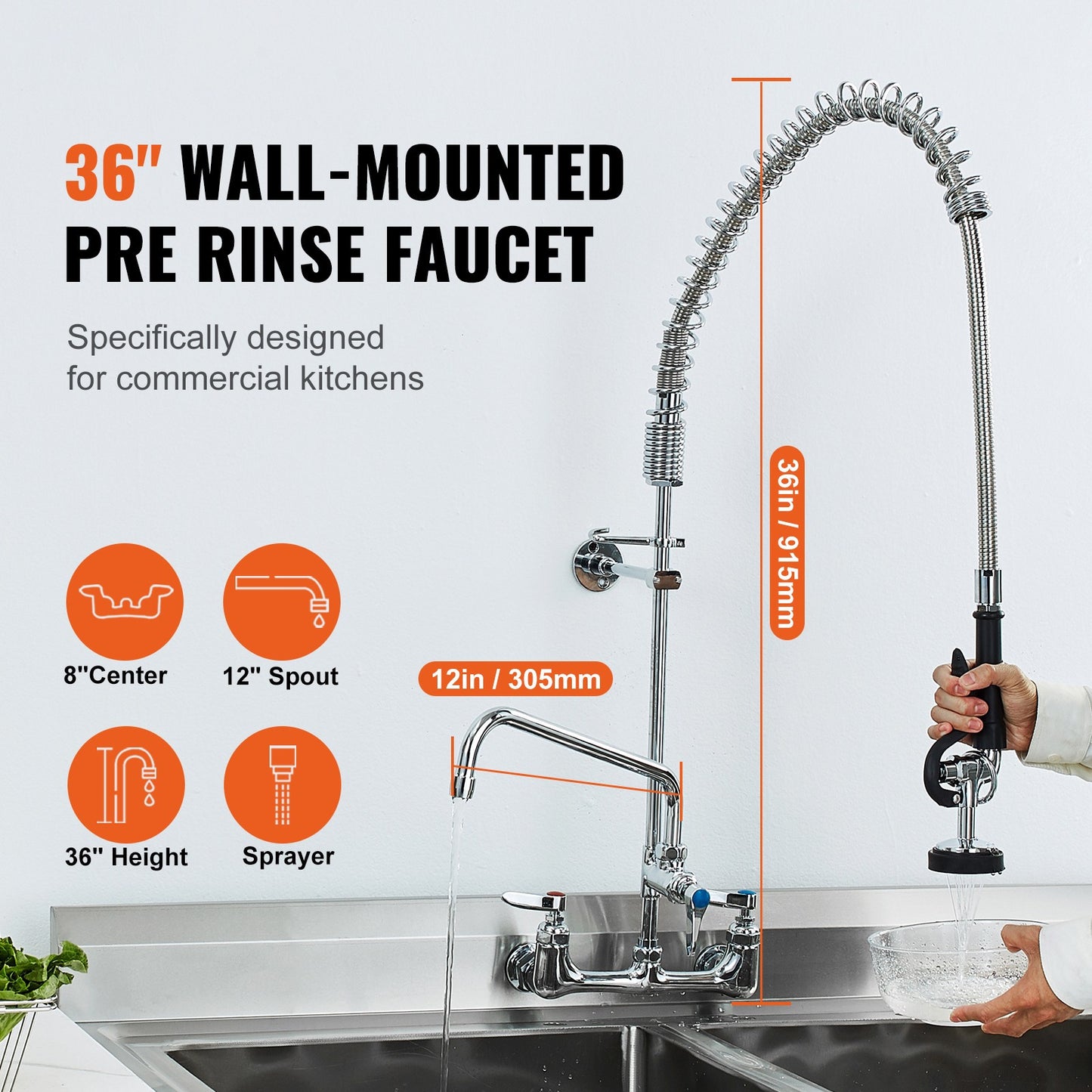 Professionele Keukenkraan – Wandkraan – Spoelkraan – Pre-Rinse Kraan – Keukenmengkraan – Messing Constructie – 90 cm Hoogte Met 30 cm Draaibare Uitloop