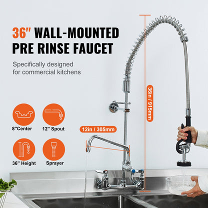 Professionele Keukenkraan – Wandkraan – Spoelkraan – Pre-Rinse Kraan – Keukenmengkraan – Messing Constructie – 90 cm Hoogte Met 30 cm Draaibare Uitloop