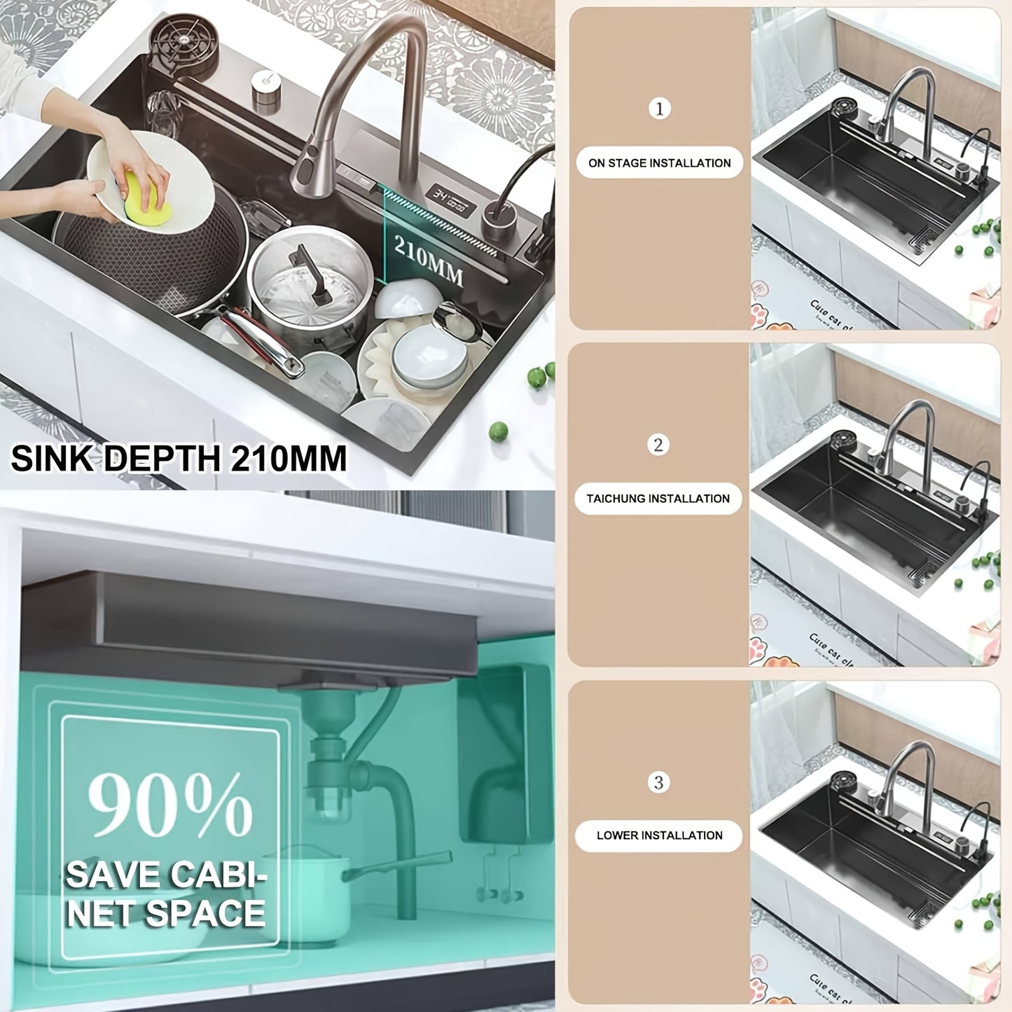 Keukenspoelbak – Spoelbakken Keuken – Wasbak Keuken – Gootsteen Keuken – Enkele Spoelbak – RVS 304 – 80x45 cm – Inbouw Onderbouw Opbouw – Met Afdruipvlak – Zwart