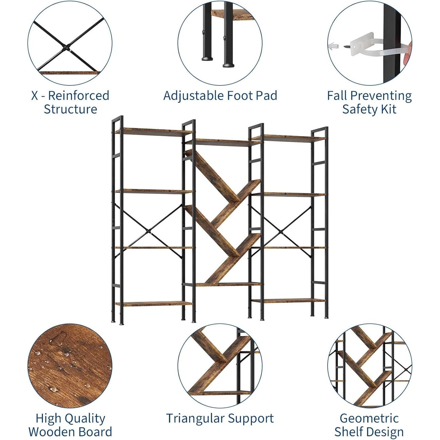 Triple 5 Tier Shelf Bookshelf | Rustic Wooden and Metal Display Book Shelf, Wide Bookcase, Adds Character to Your Room, Bedroom, Living Room, Home & Office Shelving, Brown, Freestanding, Assembly Required, TACKVIEW
