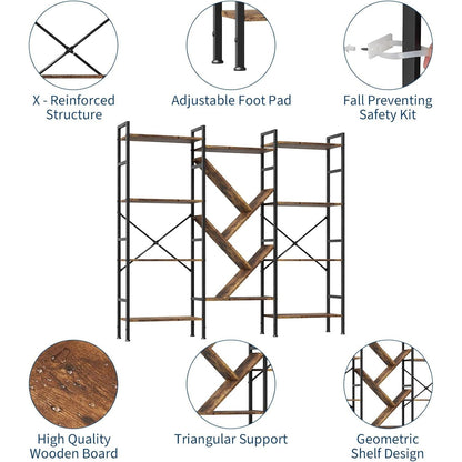 Triple 5 Tier Shelf Bookshelf | Rustic Wooden and Metal Display Book Shelf, Wide Bookcase, Adds Character to Your Room, Bedroom, Living Room, Home & Office Shelving, Brown, Freestanding, Assembly Required, TACKVIEW