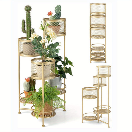 Plantenrek – Plantenstandaard – Plantentrap – Bloemenrek – Plantentafeltje – 6 Lagen – Goudkleurig Metalen Inklapbaar – Duurzaam Roestvrij Metaal – 41x39x82 cm