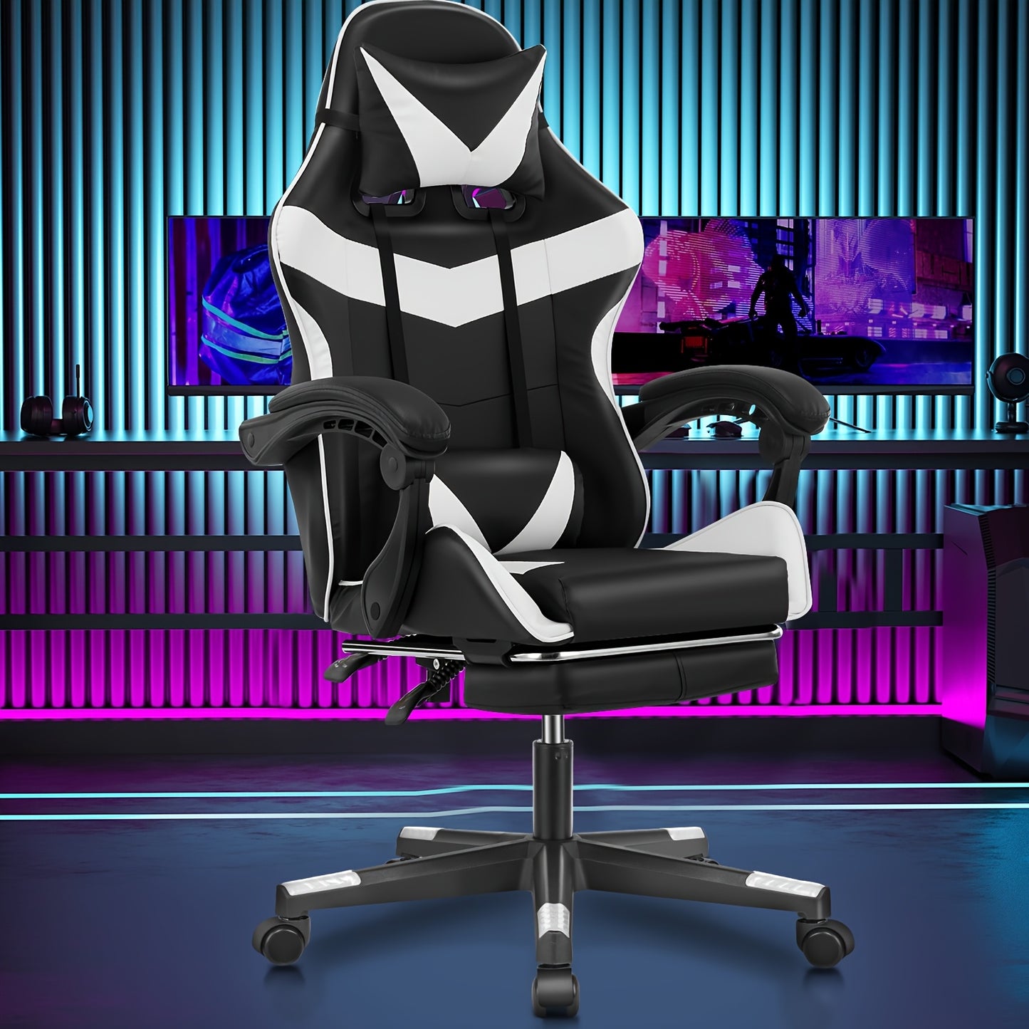 Gamingstoel – Gamestoel – Gaming Chair – Game Stoel – Bureaustoel – Ergonomische Hoog Rugleuning – Verstelbare Zithoogte & Kantelbare Rugleuning – Duurzaam PU Kunstleer – Stevig Metalen Frame – Zwart/Wit