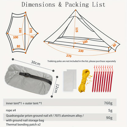 Tent – Kampeertent – Trekkingtent – 3-seizoenen tent – Lichtgewicht tent – Ruime binnenafmetingen – Duurzaam nylon en PVC frame