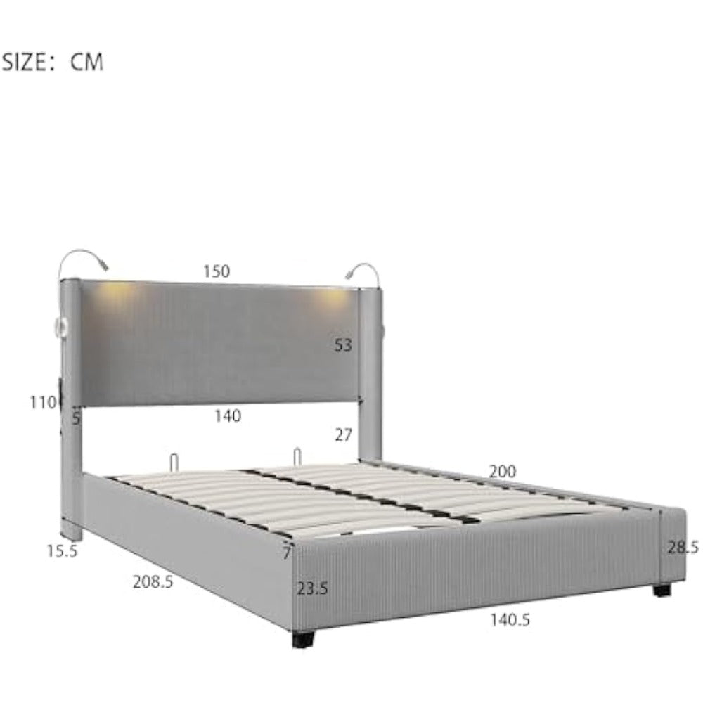 Tweepersoonsbed – Bedframe – Opbergbed – Slaapbed – Ribfluwelen Bed – Met Opbergruimte – Met Geïntegreerde Leeslamp – 140x200 cm – Grijs