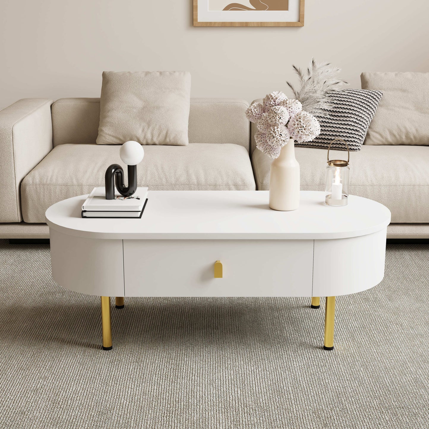 Salontafel Ovaal – Woonkamer Tafel – Koffietafel – Bijzettafel – Wit Met Gouden Details – 2 Opberglades – Afgeronde Hoeken – MDF 108 cm