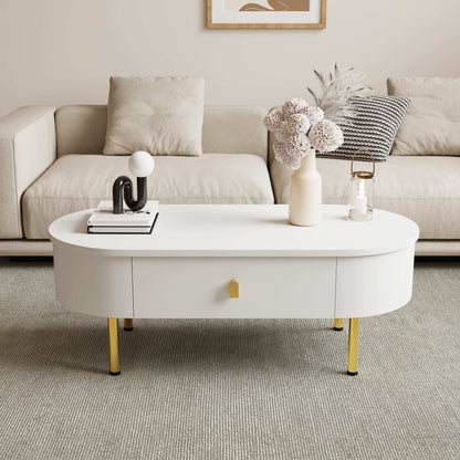 Salontafel Ovaal – Woonkamer Tafel – Koffietafel – Bijzettafel – Wit Met Gouden Details – 2 Opberglades – Afgeronde Hoeken – MDF 108 cm