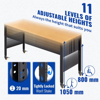 Verstelbare Werkbank – Werktafel – Werkbank Op Wielen – Werkruimte – Werkstation – 155x51 cm Massief Houten Blad – Ingebouwde Stroomvoorziening Met Usb Poorten