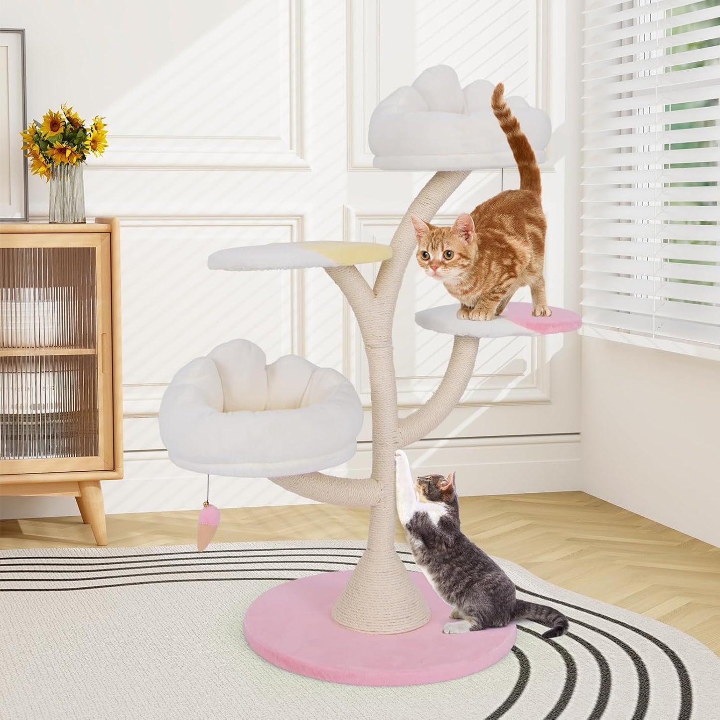 Krabpaal – Kattenboom – Kattenhuis – Kattenmeubel – Kattentoren – 4 Niveaus Met Speelballen – Afneembare Wasbare Ligplaatsen – Roze/Wit – Compact & Stevig