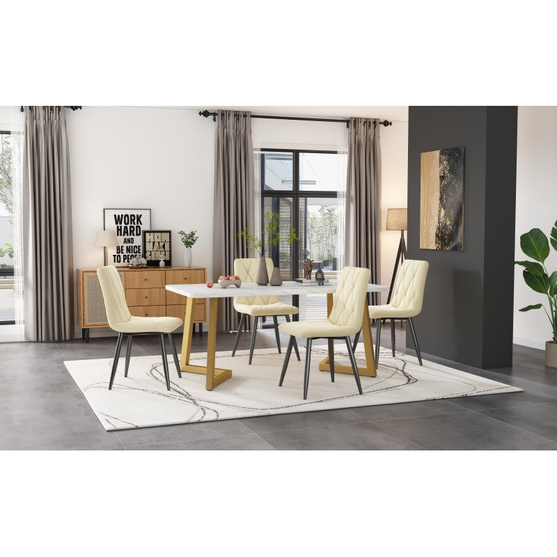 Eettafelset – Tafel met Stoelen – Eettafel en Stoelenset – Diningset – Beige Velvet Stoelen – 117×68×75 cm MDF Marmerlook Tafel – Gouden Metalen Poten