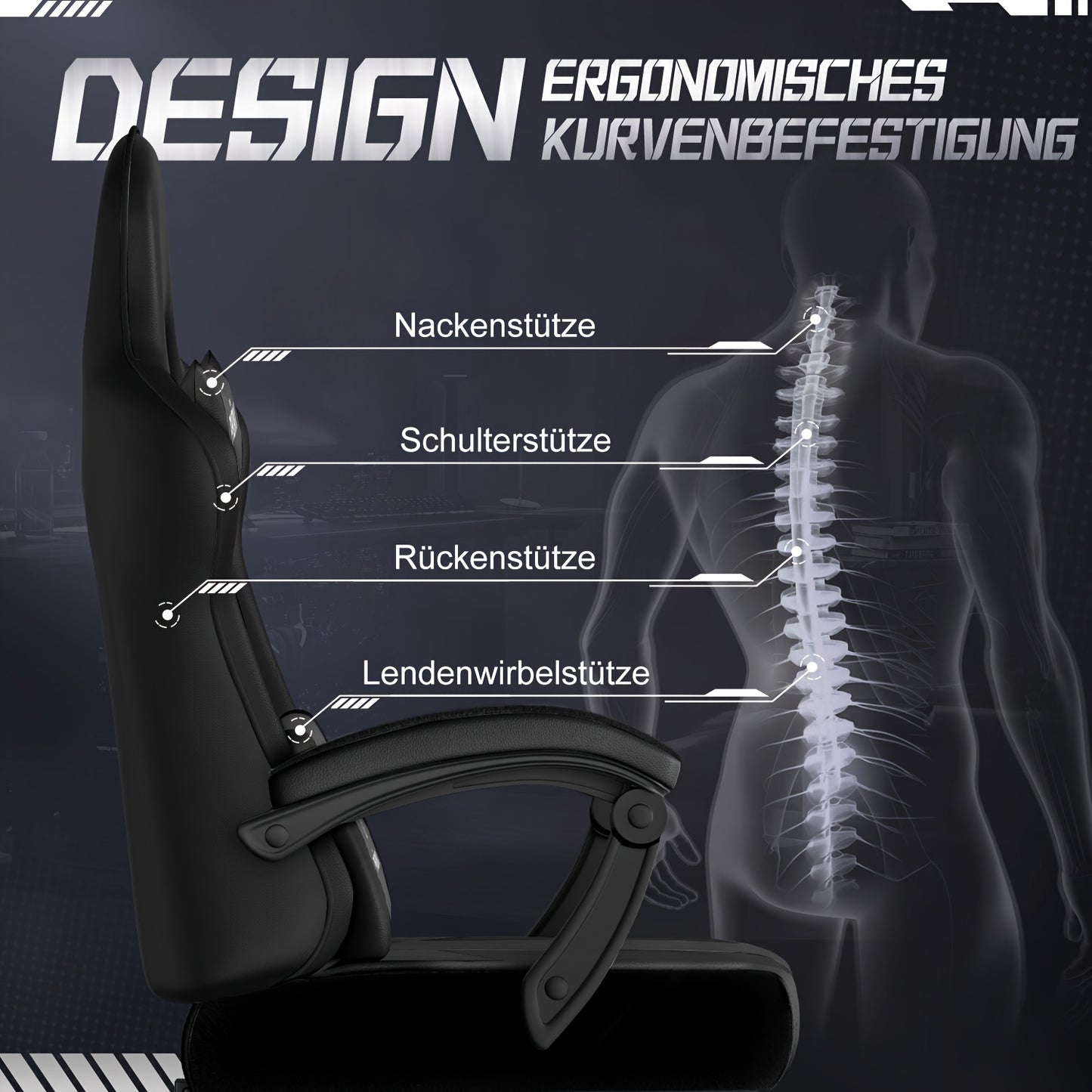Gaming Chair with Footrest, Ergonomic Gaming Chair, Gaming Armchair with Adjustable Lumbar Cushion Equipped with An Adjustable Lumbar Support And Headrest, 360° Swivel And Designed for A Weight Of Up to 150kg.
