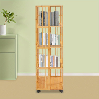 Boekenrek – Boekenkast – Boekenplank – Opbergkast – Vakkenkast – 5 Lagen – Bamboe – Mobiel met Remmen – 132x37x37 cm – Max. 100 kg – Natuurlijk Hout