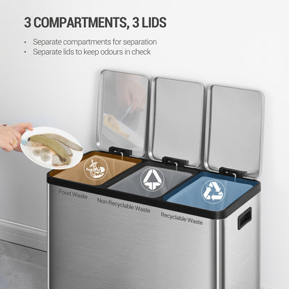Afvalemmer Keuken – Prullenbak – Vuilnisbak – Afvalbak – Afvalcontainer – RVS 3-Vak 45L – Handsfree Voetpedaal – Stil Dempingssysteem