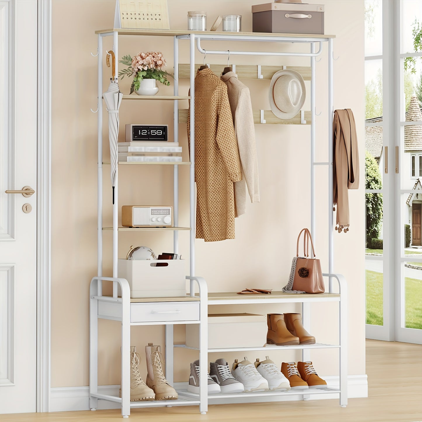 Kapstok – Schoenenrek – Garderobe – Kledinghanger – Schoenenbank – 5-in-1 Multifunctioneel – Stevig Metalen Frame – 182 cm Hoog