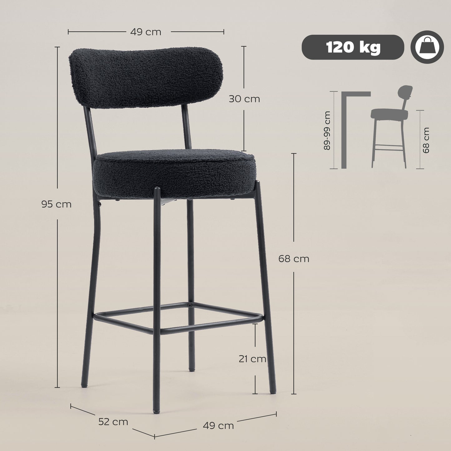 Barkrukken – Barkruk Set – Barstoelen – Hoge Stoelen – Keukenstoelen – Zwart Metalen Frame – Gewatteerd Zitvlak Met Fleece Bekleding