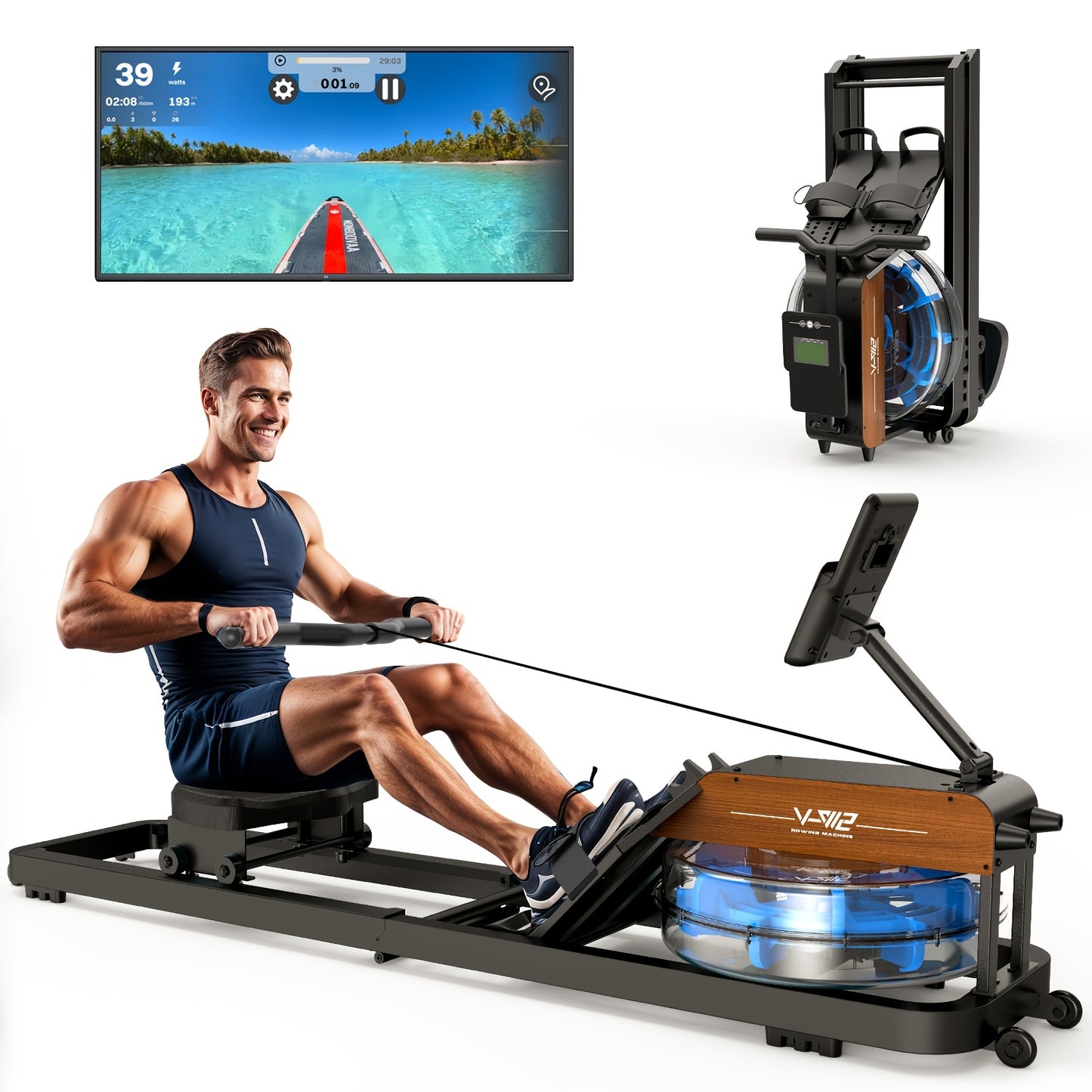 VOWVIT Rowing Machine for Home Gym Foldable Rower Oak Wood Construction, Wireless Water Rowing Machine, 1.2 m to 2 m User Height, 175 kg Load, Without Battery