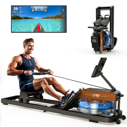 VOWVIT Rowing Machine for Home Gym Foldable Rower Oak Wood Construction, Wireless Water Rowing Machine, 1.2 m to 2 m User Height, 175 kg Load, Without Battery