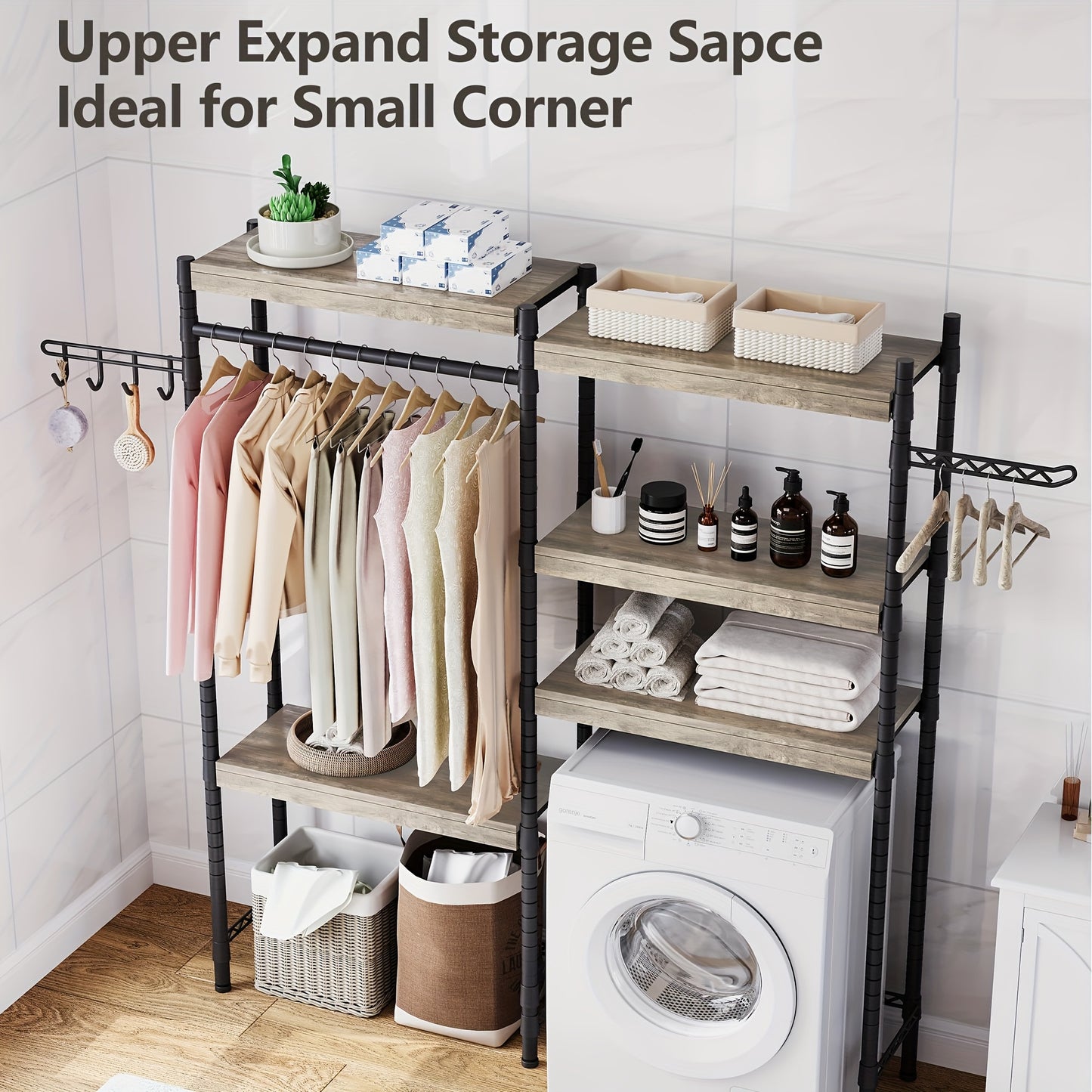 Heavy-Duty Freestanding 5-Tier Double Row Over Washer and Dryer Shelves - Adjustable Laundry Storage Organizer with Clothes Drying Rack, Space-Saving Washer/Dryer Shelf for Front/Top Load Machines, Easy Assembly (No Brackets)