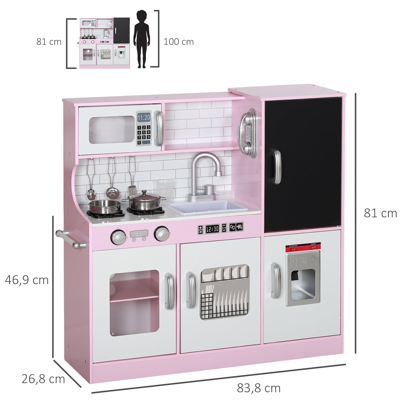 Speelkeuken – Speelkeukentje – Kinderkeuken – Speelgoedkeuken – Keukentje Roze – Inclusief Krijtbord – Accessoires – Afmetingen 83,8x26,8x81 cm