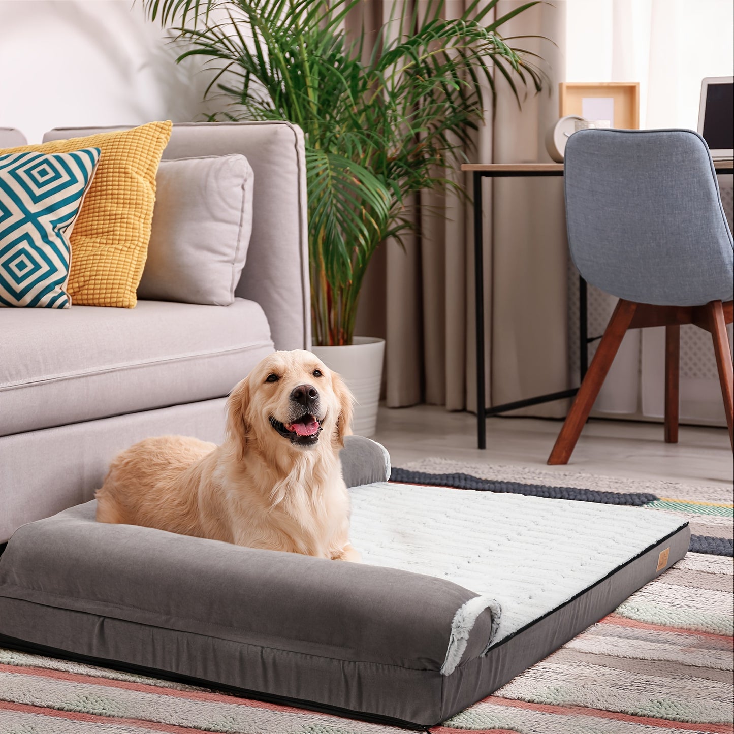 Hondenmand – Hondenbed – Hondenkussen – Dierenmand – Ligbed – L-Formaat – Orthopedisch Schuim – Afneembare Pluche Hoes