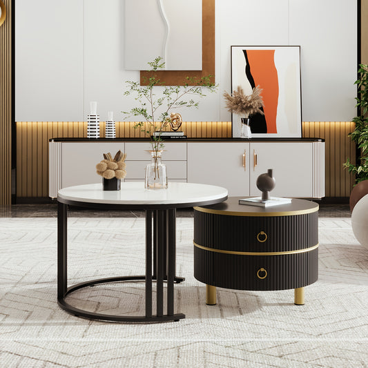Modern Round Coffee Table Set with Glossy MDF Top & White Marble-like Surface - 2-in-1 Design with Storage Drawers, Space-Saving Living Room Furniture, Easy Assembly, Durable Metal Frame, Contemporary Style, Fits Small Spaces