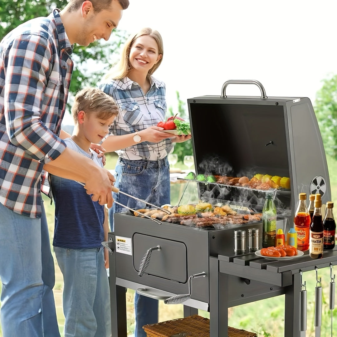 Houtskoolbarbecue – Barbecue – Houtskoolbarbecue – Smoker – Grill – Ruim Grilloppervlak 124x56x140 cm – Ingebouwde Thermometer en Verstelbare Ventilatie